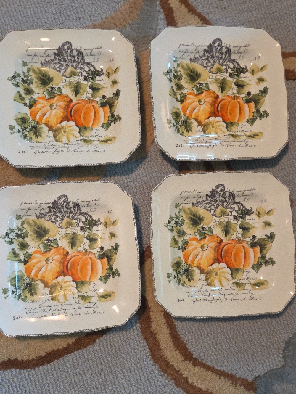 Pier 1 Pumpkin Harvest Square Salad Plates - Orange, Green, Cream Set Of 4